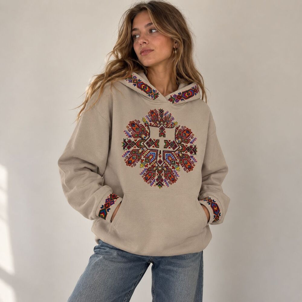 Hoodie Womens Large Beige Embroidered Boho Tribal Geometric Pullover Fleece